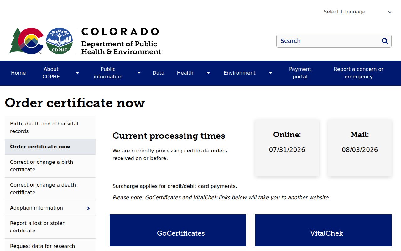 Denver residents directory Colorado certificate order route