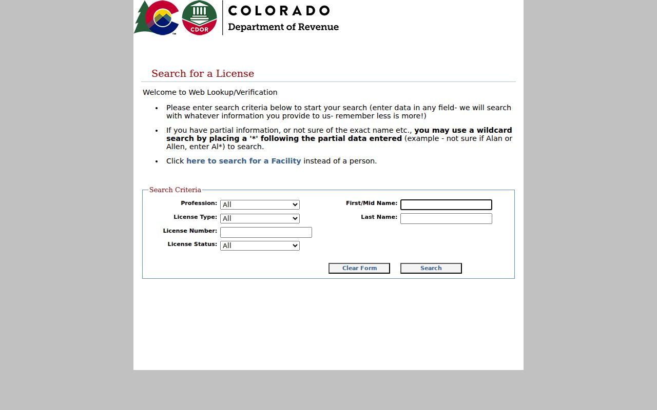 Denver resident lookup Colorado professional license verification